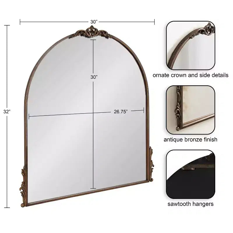 32"x30" Arched Decorative Framed Wall Mirror — Antique Bronze