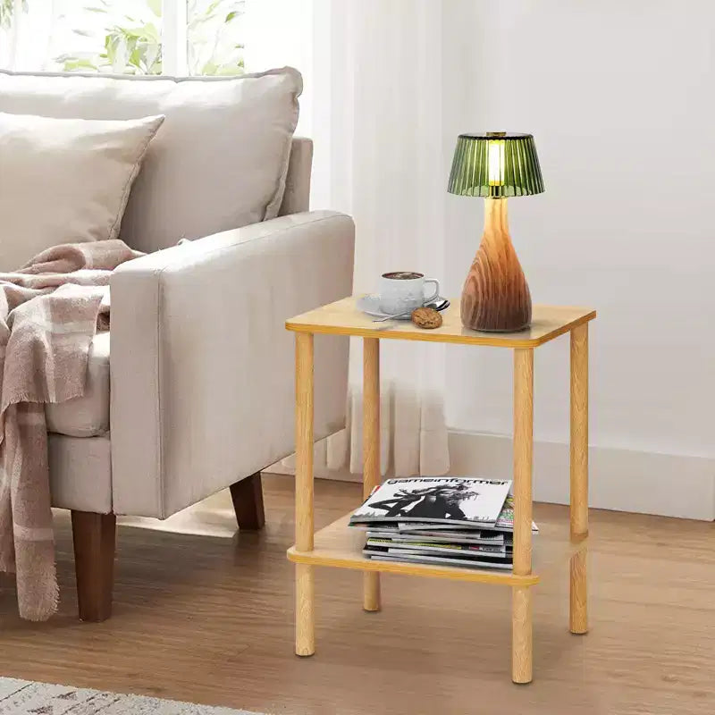 Table d'appoint bohème à 2 niveaux avec étagère de rangement, parfaite pour les petits espaces