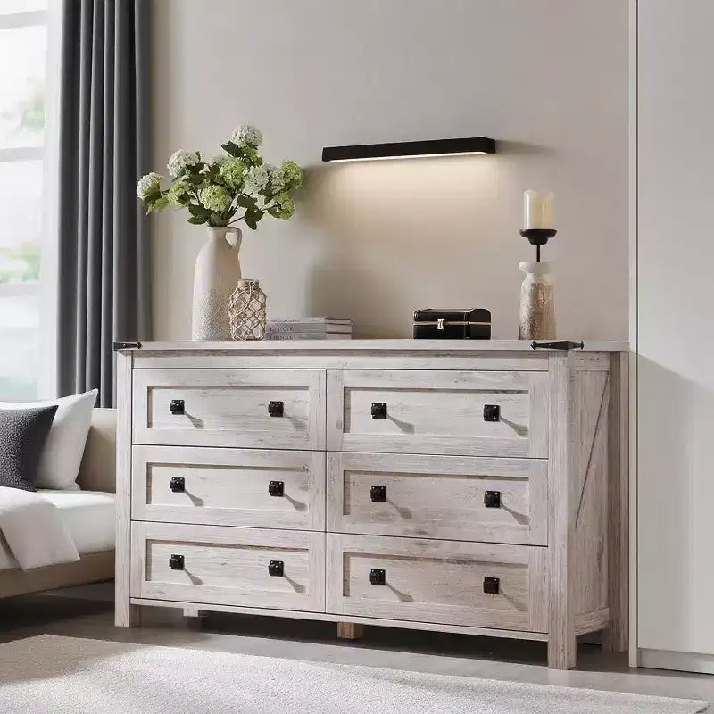 Farmhouse 6 Drawers Dresser, 54 Wide Wood Rustic Wide Chest of Drawers, Storage Dressers Organizer for Bedroom, Living Room, Hallway, Gray