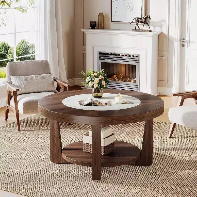 2-Tier Round Accent Coffee Table with Storage — Living Room Center Table