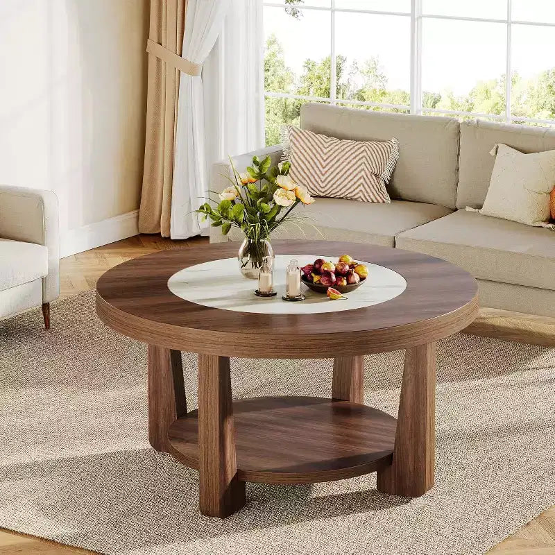2-Tier Round Accent Coffee Table with Storage — Living Room Center Table