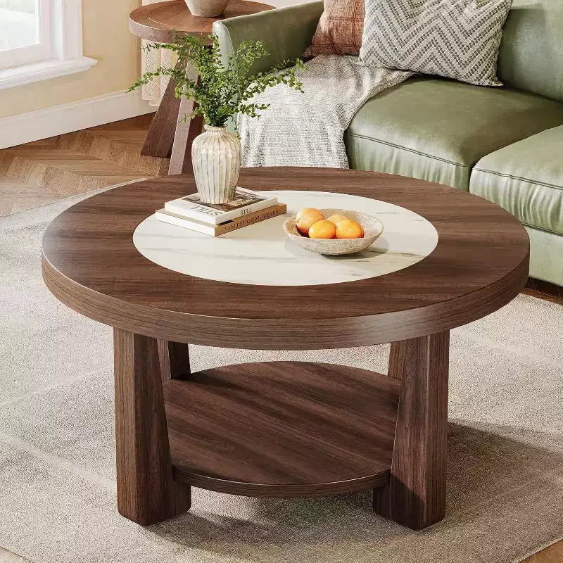 2-Tier Round Accent Coffee Table with Storage — Living Room Center Table