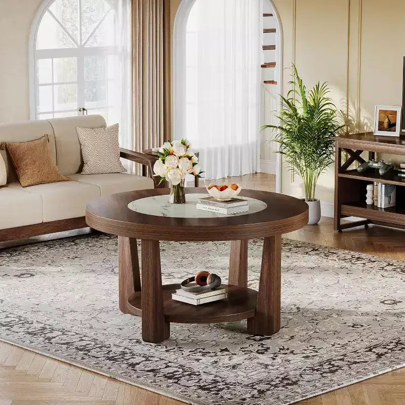 2-Tier Round Accent Coffee Table with Storage — Living Room Center Table