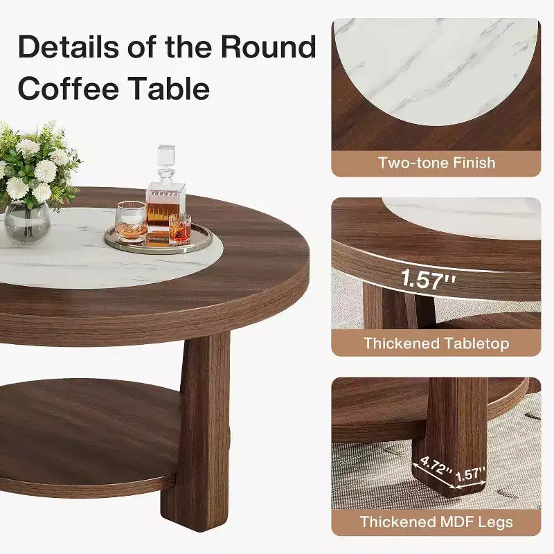 2-Tier Round Accent Coffee Table with Storage — Living Room Center Table