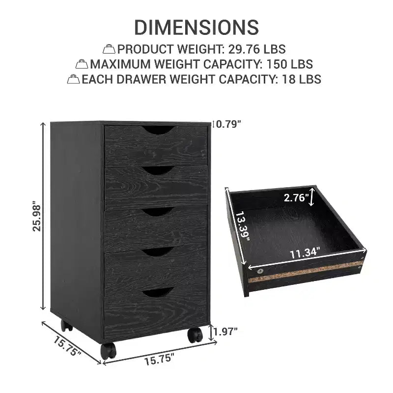 5-Drawer Office File Storage Cabinet with Adjustable Dividers & Lockable Casters