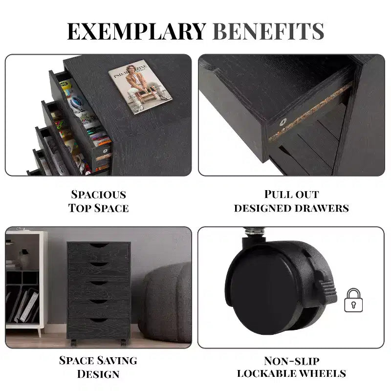 5-Drawer Office File Storage Cabinet with Adjustable Dividers & Lockable Casters