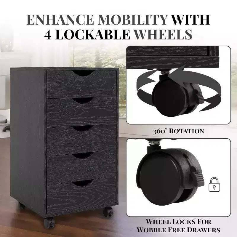 5-Drawer Office File Storage Cabinet with Adjustable Dividers & Lockable Casters