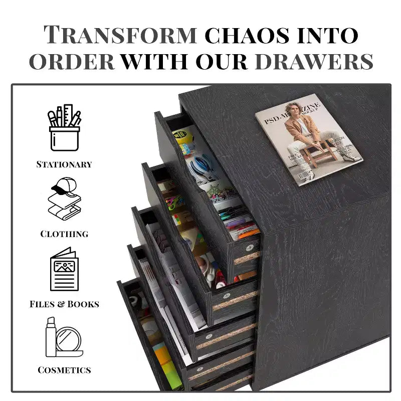 5-Drawer Office File Storage Cabinet with Adjustable Dividers & Lockable Casters