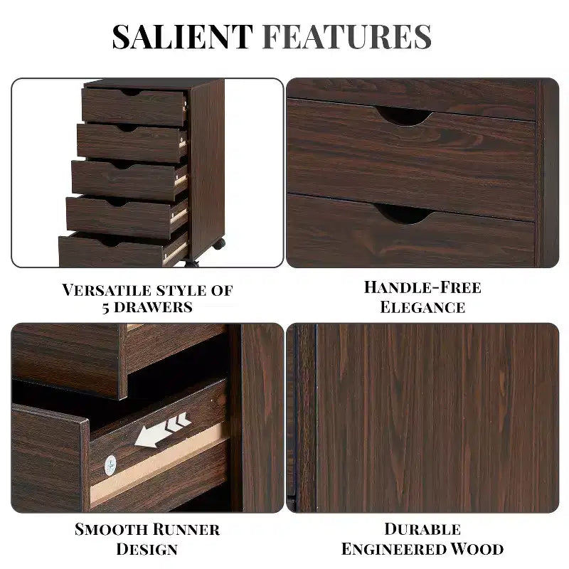 5-Drawer Office File Storage Cabinet with Adjustable Dividers & Lockable Casters