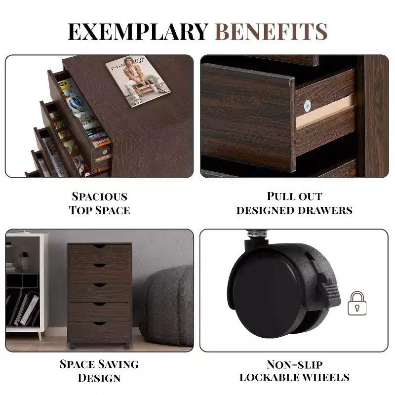 5-Drawer Office File Storage Cabinet with Adjustable Dividers & Lockable Casters