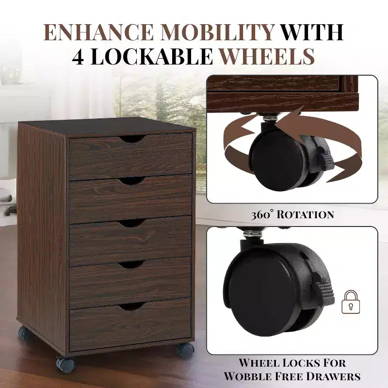 5-Drawer Office File Storage Cabinet with Adjustable Dividers & Lockable Casters