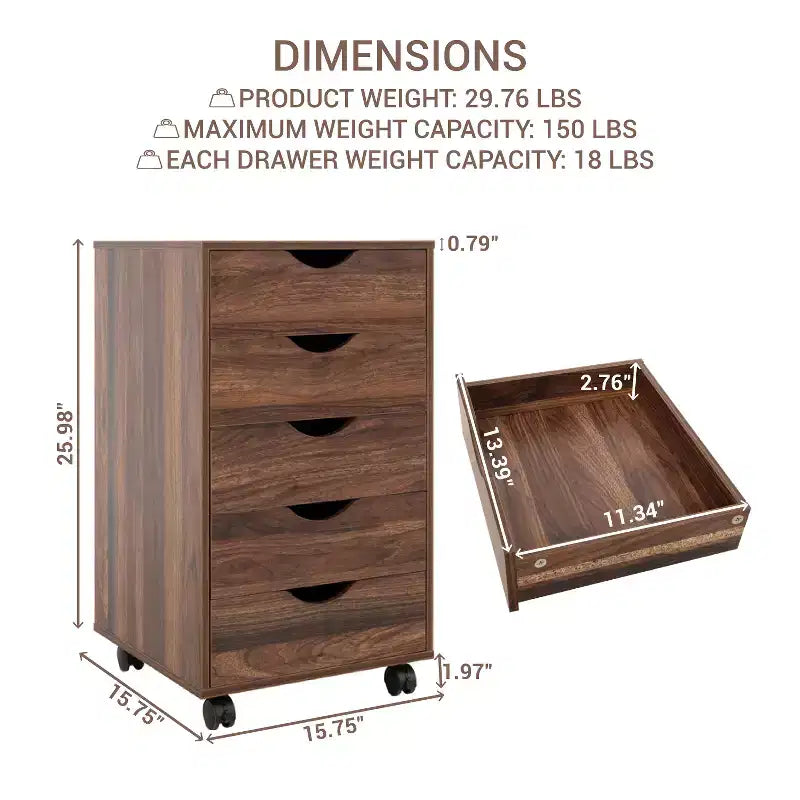 5-Drawer Office File Storage Cabinet with Adjustable Dividers & Lockable Casters