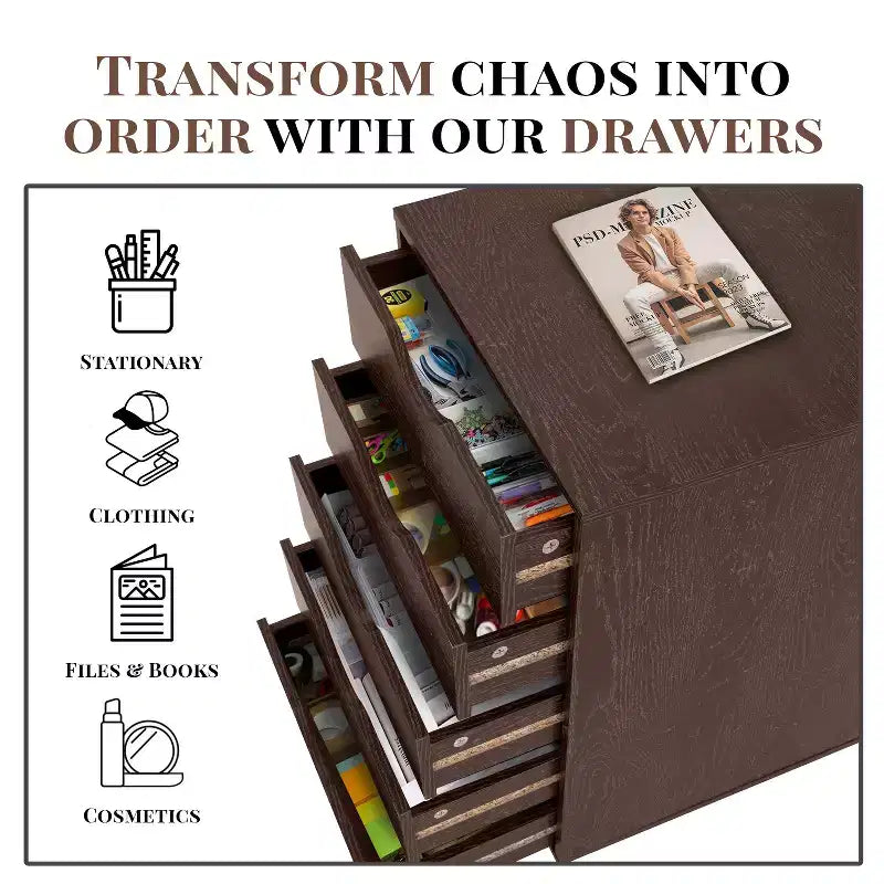 5-Drawer Office File Storage Cabinet with Adjustable Dividers & Lockable Casters