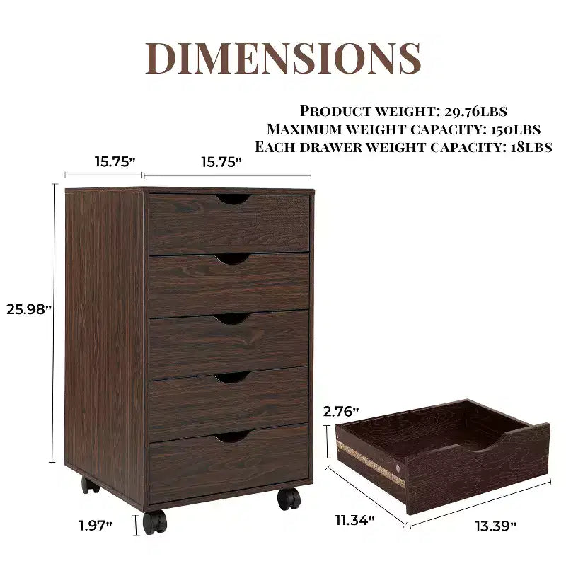 5-Drawer Office File Storage Cabinet with Adjustable Dividers & Lockable Casters