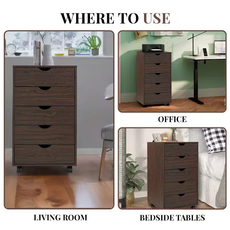 5-Drawer Office File Storage Cabinet with Adjustable Dividers & Lockable Casters