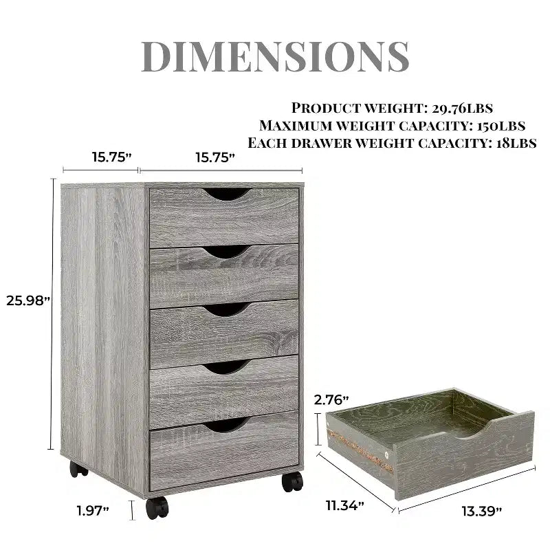 5-Drawer Office File Storage Cabinet with Adjustable Dividers & Lockable Casters