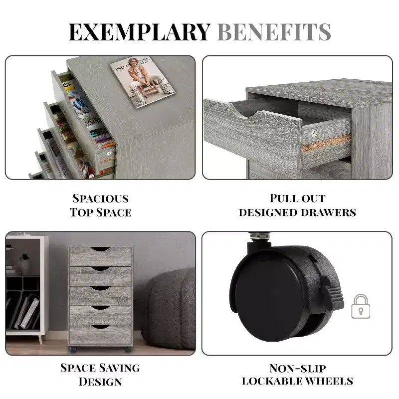 5-Drawer Office File Storage Cabinet with Adjustable Dividers & Lockable Casters