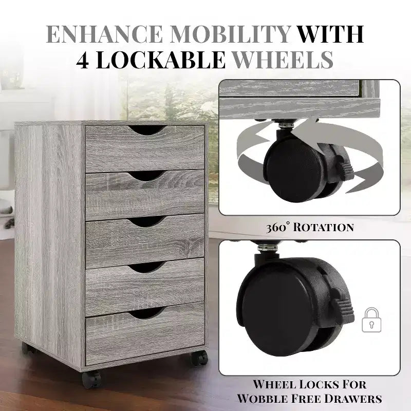 5-Drawer Office File Storage Cabinet with Adjustable Dividers & Lockable Casters