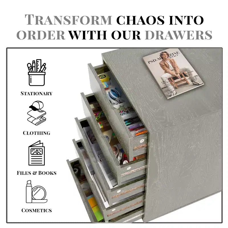5-Drawer Office File Storage Cabinet with Adjustable Dividers & Lockable Casters