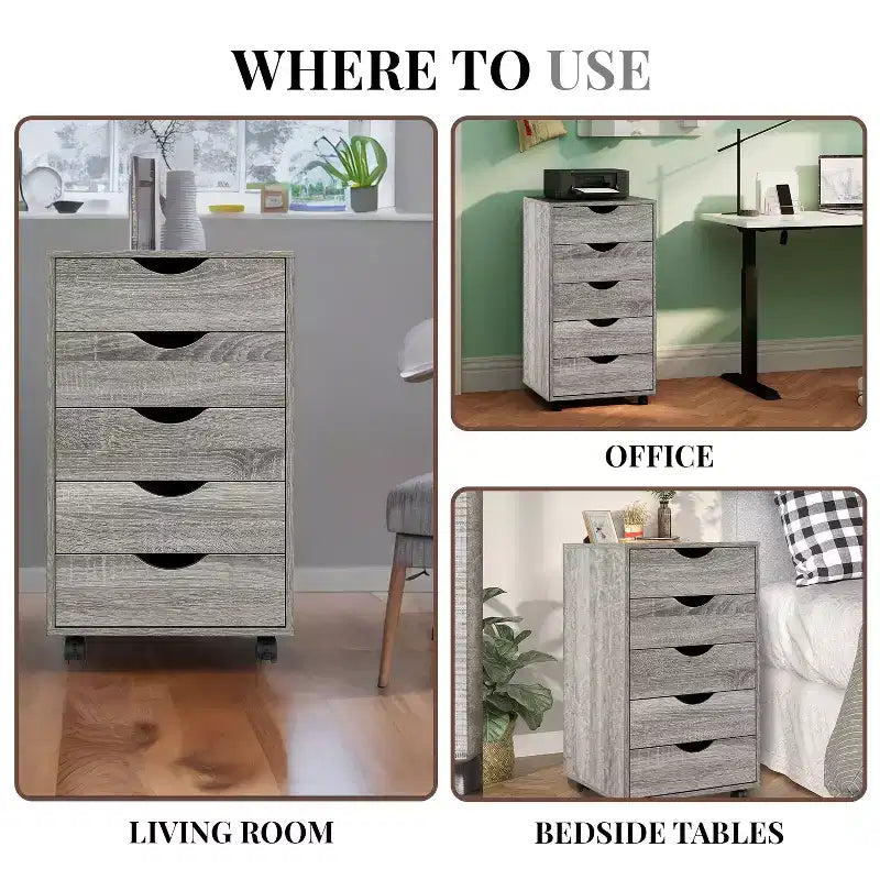 5-Drawer Office File Storage Cabinet with Adjustable Dividers & Lockable Casters