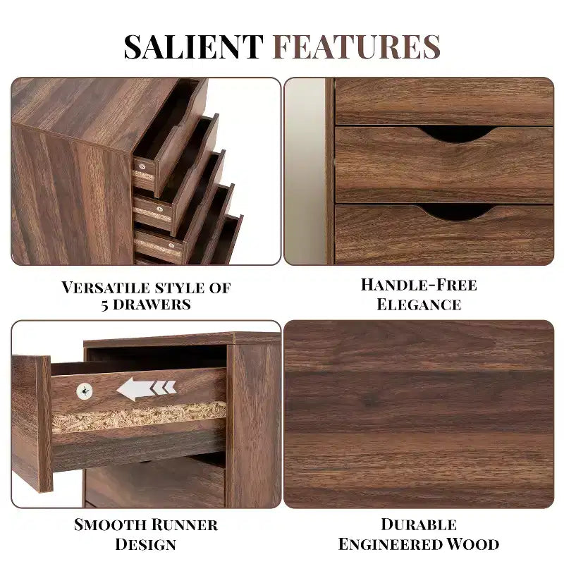 5-Drawer Office File Storage Cabinet with Adjustable Dividers & Lockable Casters