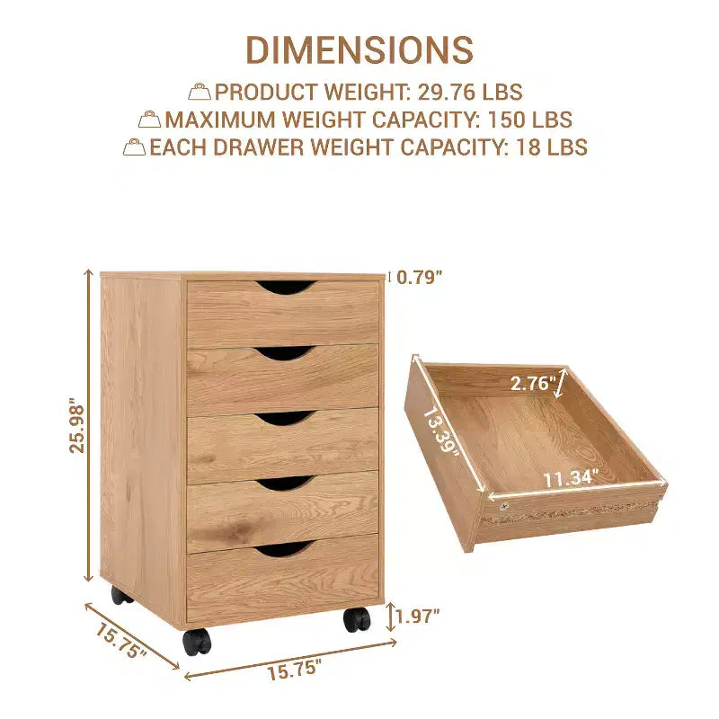 5-Drawer Office File Storage Cabinet with Adjustable Dividers & Lockable Casters