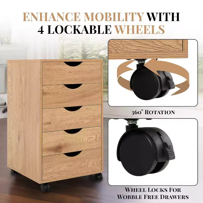 5-Drawer Office File Storage Cabinet with Adjustable Dividers & Lockable Casters