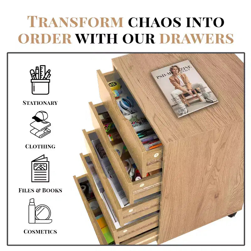5-Drawer Office File Storage Cabinet with Adjustable Dividers & Lockable Casters