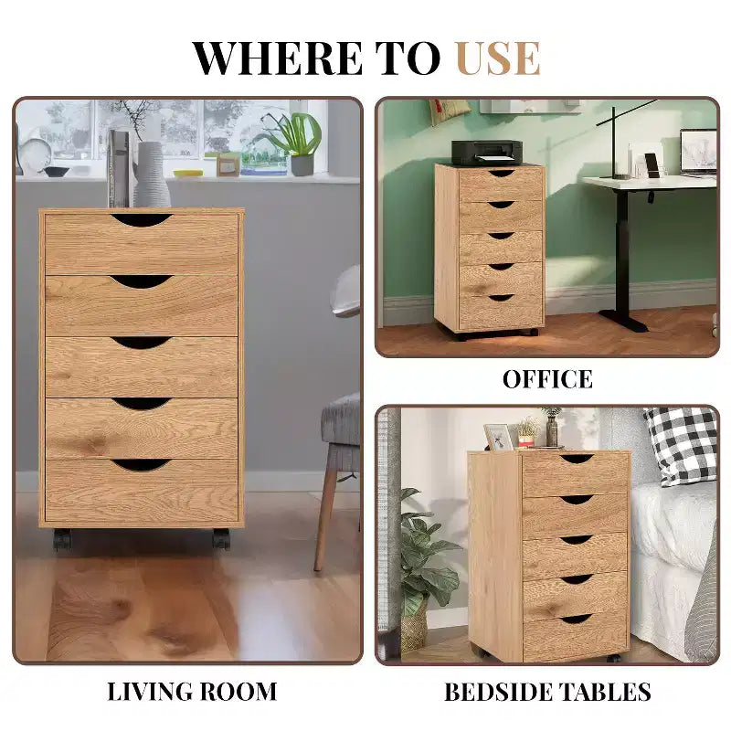 5-Drawer Office File Storage Cabinet with Adjustable Dividers & Lockable Casters
