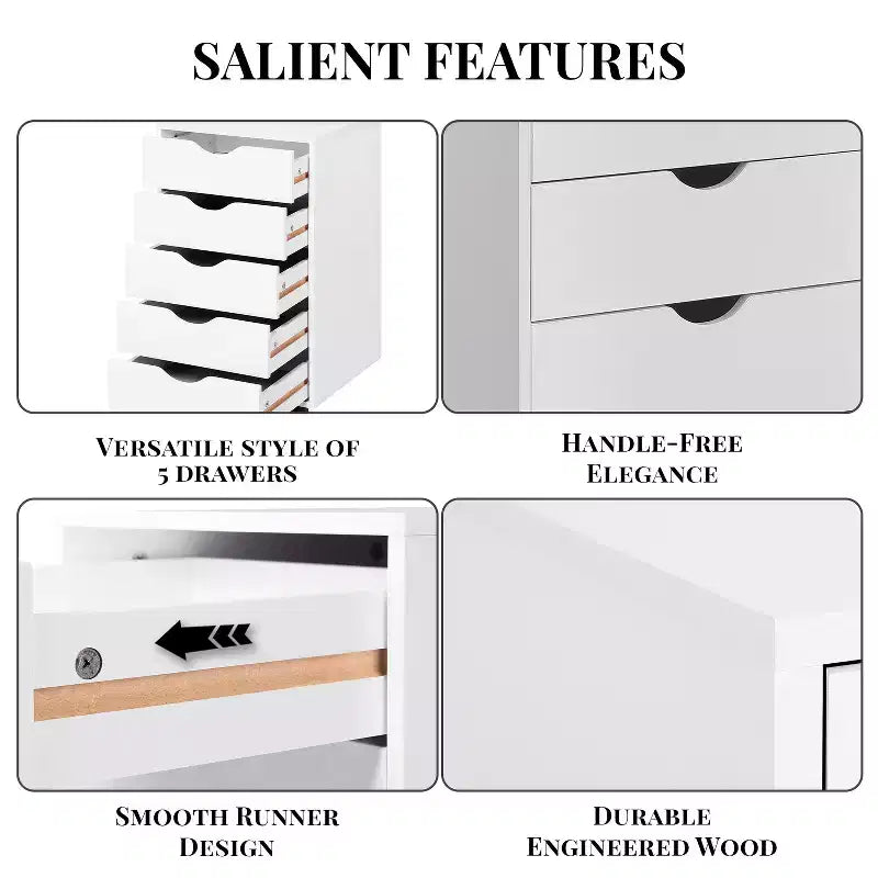 5-Drawer Office File Storage Cabinet with Adjustable Dividers & Lockable Casters