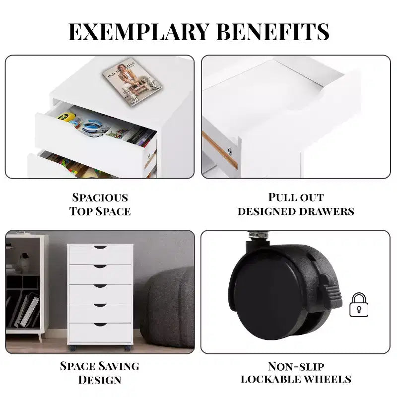 5-Drawer Office File Storage Cabinet with Adjustable Dividers & Lockable Casters