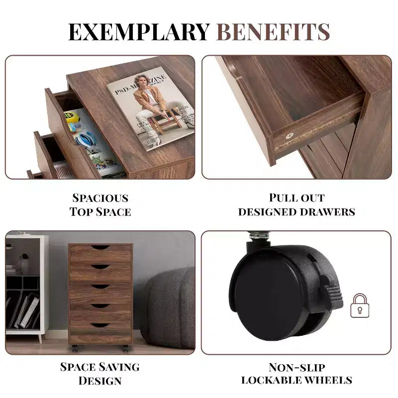 5-Drawer Office File Storage Cabinet with Adjustable Dividers & Lockable Casters