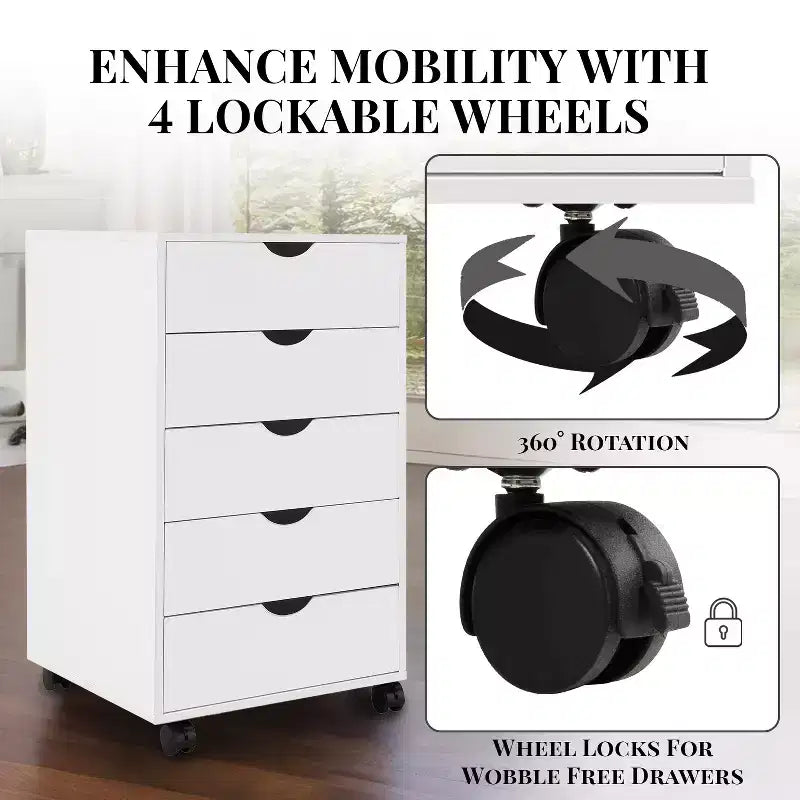 5-Drawer Office File Storage Cabinet with Adjustable Dividers & Lockable Casters