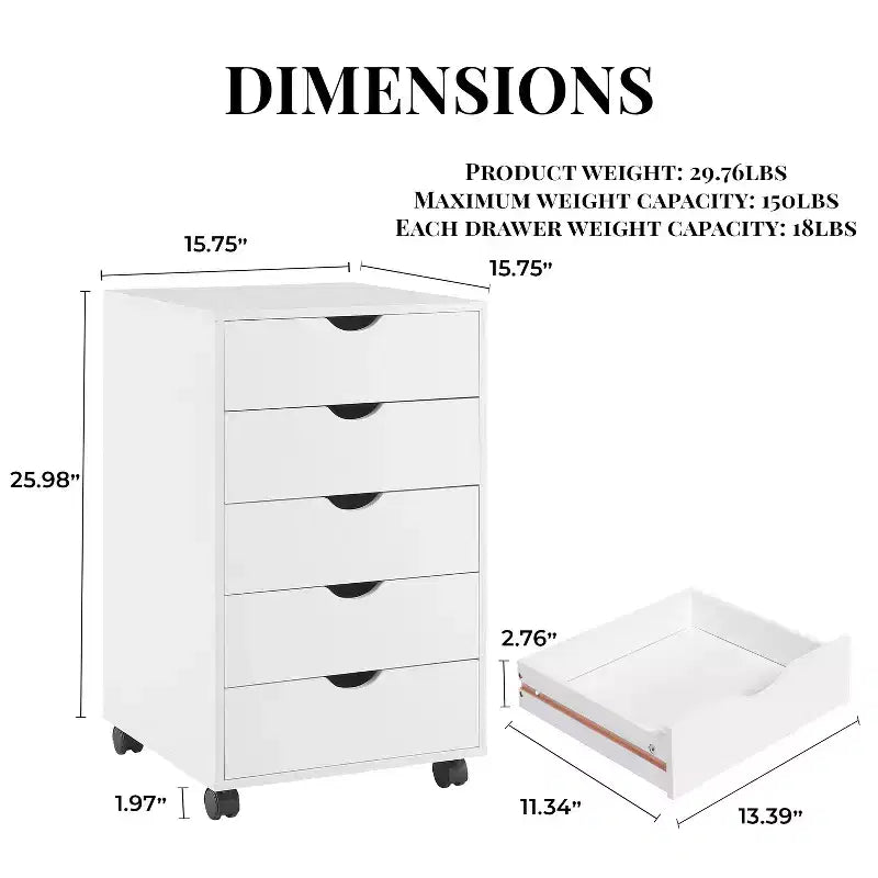 5-Drawer Office File Storage Cabinet with Adjustable Dividers & Lockable Casters