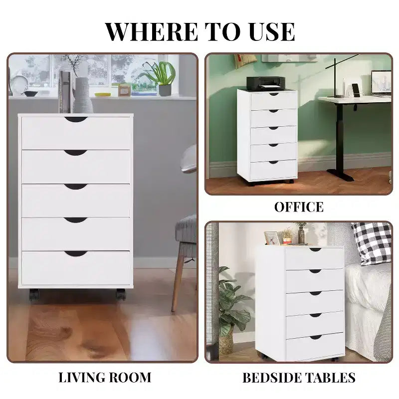 5-Drawer Office File Storage Cabinet with Adjustable Dividers & Lockable Casters
