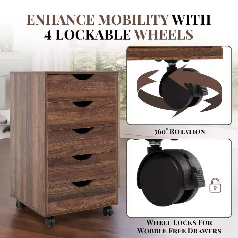 5-Drawer Office File Storage Cabinet with Adjustable Dividers & Lockable Casters