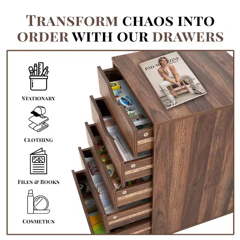 5-Drawer Office File Storage Cabinet with Adjustable Dividers & Lockable Casters