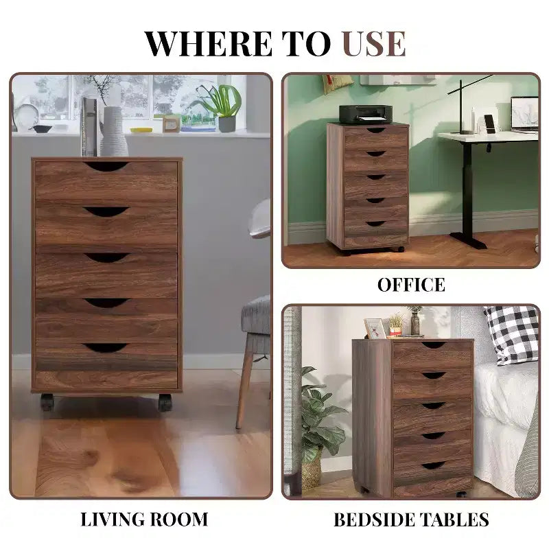 5-Drawer Office File Storage Cabinet with Adjustable Dividers & Lockable Casters