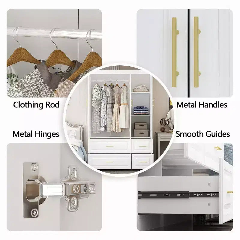 Modern Minimalist White Armoire Wardrobe with Lines Pattern & Gold Accessories