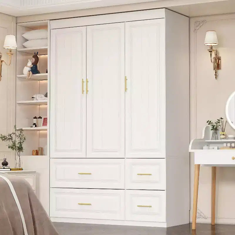 Modern Minimalist White Armoire Wardrobe with Lines Pattern & Gold Accessories