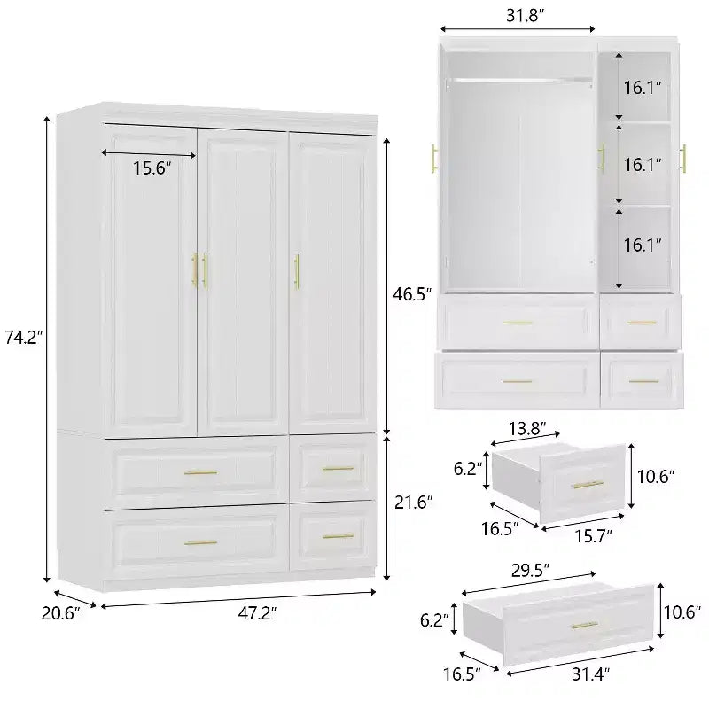 Modern Minimalist White Armoire Wardrobe with Lines Pattern & Gold Accessories