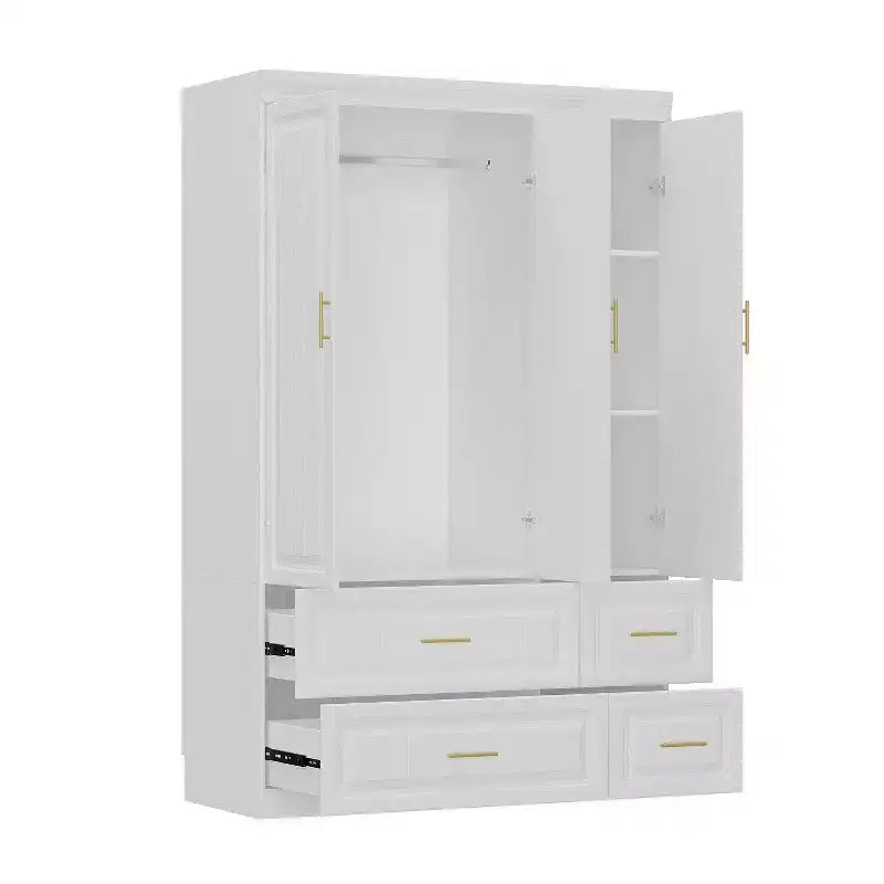 Modern Minimalist White Armoire Wardrobe with Lines Pattern & Gold Accessories