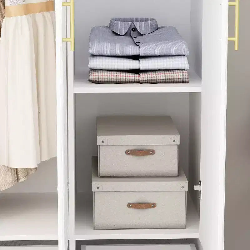 Modern Minimalist White Armoire Wardrobe with Lines Pattern & Gold Accessories
