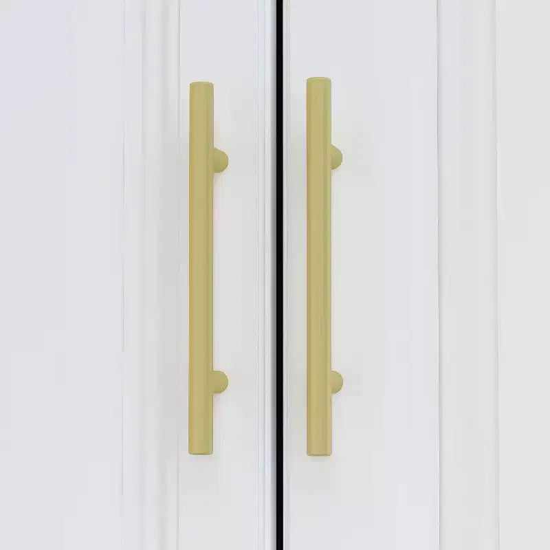 Modern Minimalist White Armoire Wardrobe with Lines Pattern & Gold Accessories