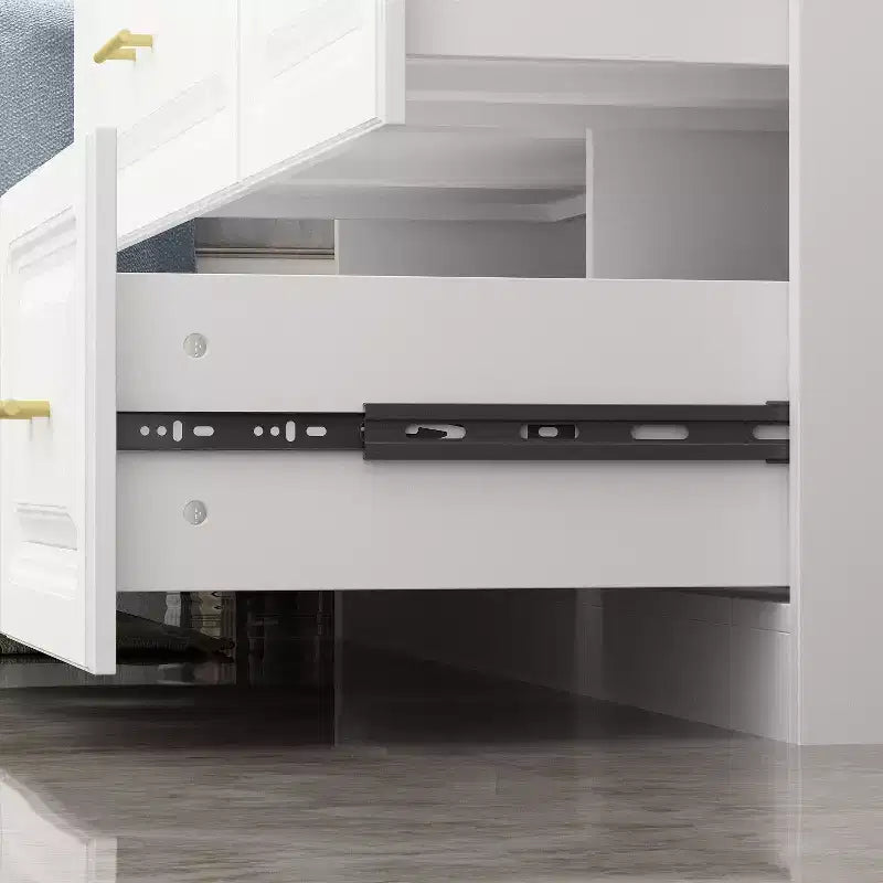 Modern Minimalist White Armoire Wardrobe with Lines Pattern & Gold Accessories