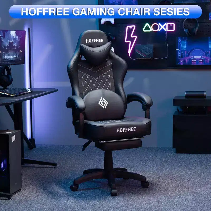 Leather Massage Gaming Chair with Bluetooth Speaker, Footrest & Ergonomic Support
