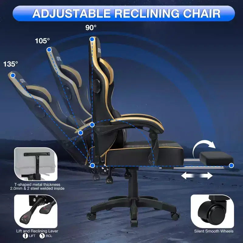 Leather Massage Gaming Chair with Bluetooth Speaker, Footrest & Ergonomic Support