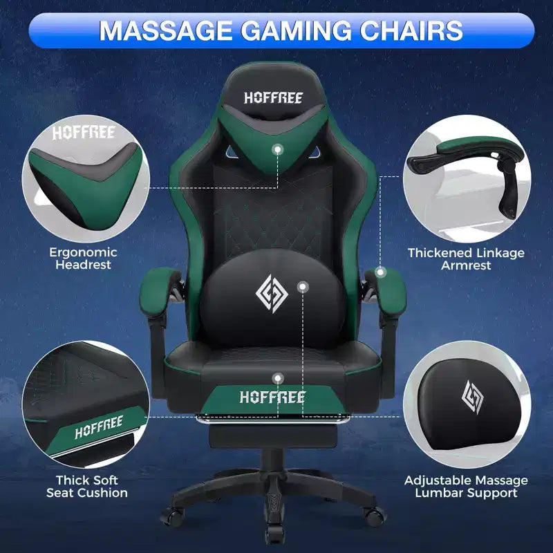 Leather Massage Gaming Chair with Bluetooth Speaker, Footrest & Ergonomic Support