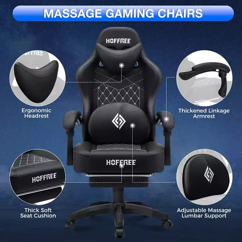Leather Massage Gaming Chair with Bluetooth Speaker, Footrest & Ergonomic Support
