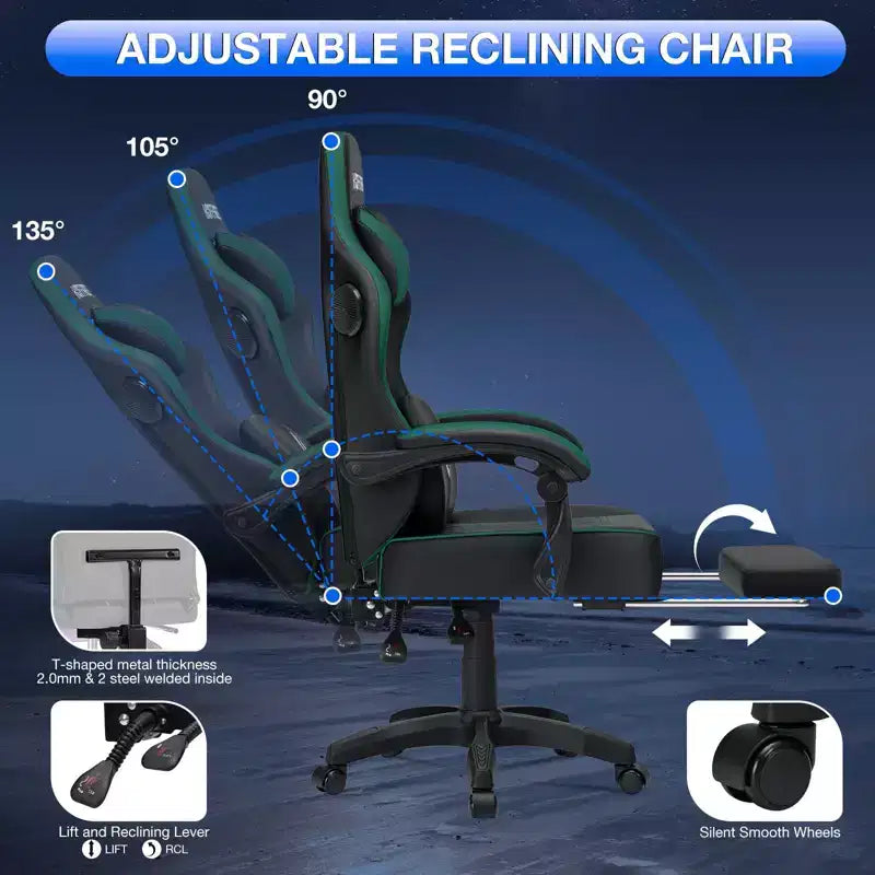 Leather Massage Gaming Chair with Bluetooth Speaker, Footrest & Ergonomic Support